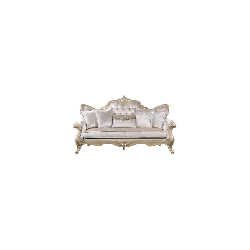 Acme Libertee Upholstered Sofa with 5 Pillows in Beige and Champagne