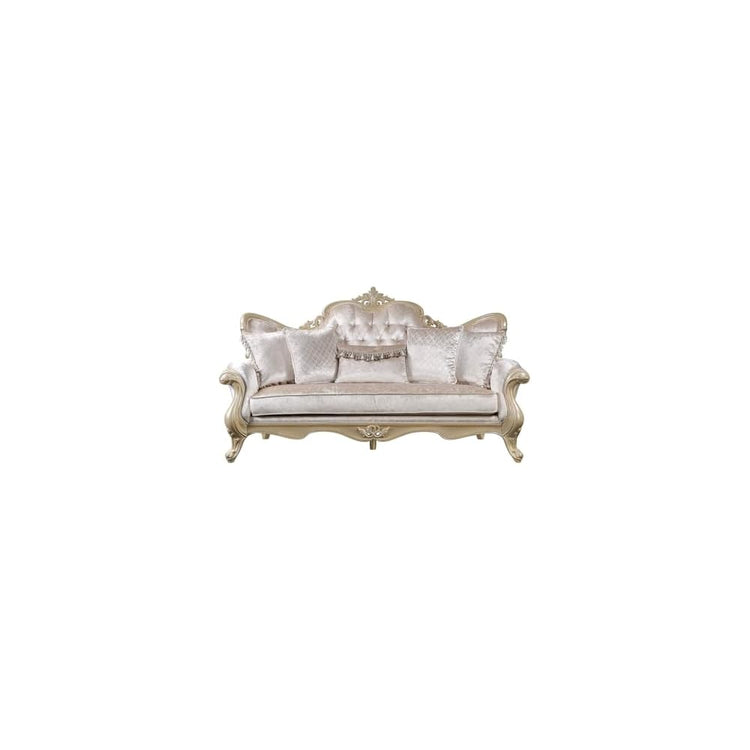 Acme Libertee Upholstered Sofa with 5 Pillows in Beige and Champagne