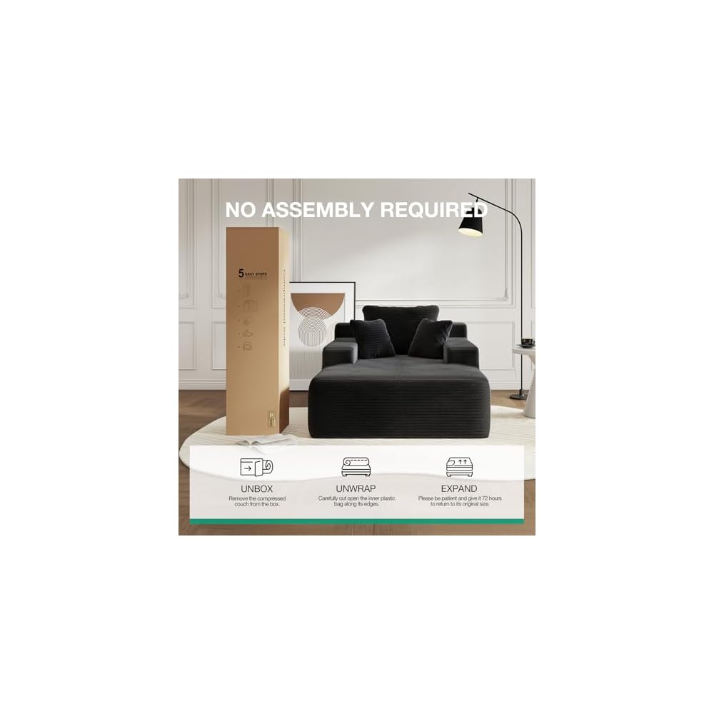 Novilla Oversized Chaise Lounge Indoor, Corduroy Cloud Couch Boneless Chaise Lounge Chair Indoor Deep Seat Reading Chair,Boneless Couches for Living Room, No Assembly Required, Black