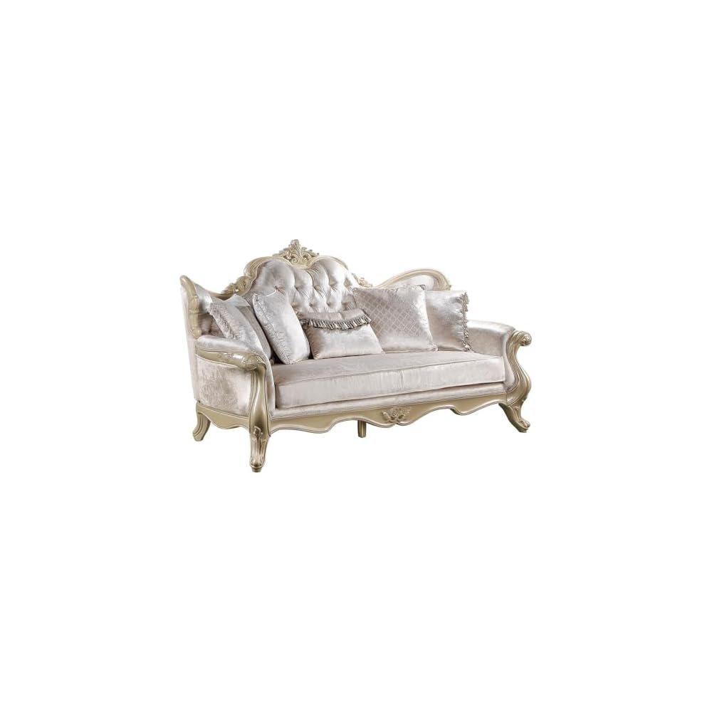 Acme Libertee Upholstered Sofa with 5 Pillows in Beige and Champagne