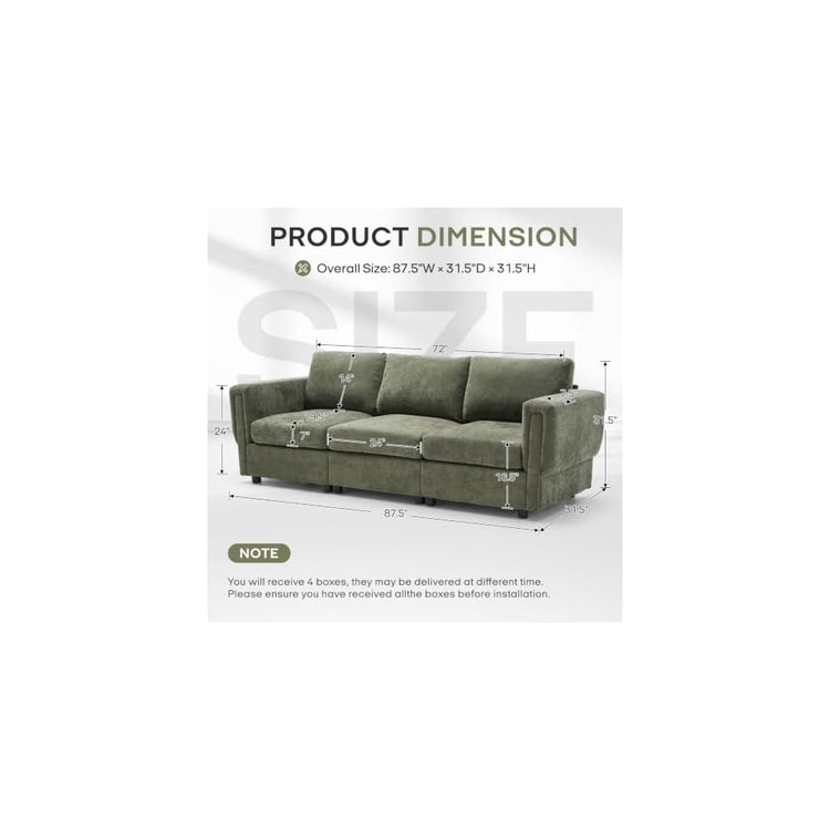 CIMOTA Modern 3 Seater Sofa 87.5" Modular Couch, Upholstered Chenille Fabric Couch Sofa with Armrest for Living Room Apartment, Green