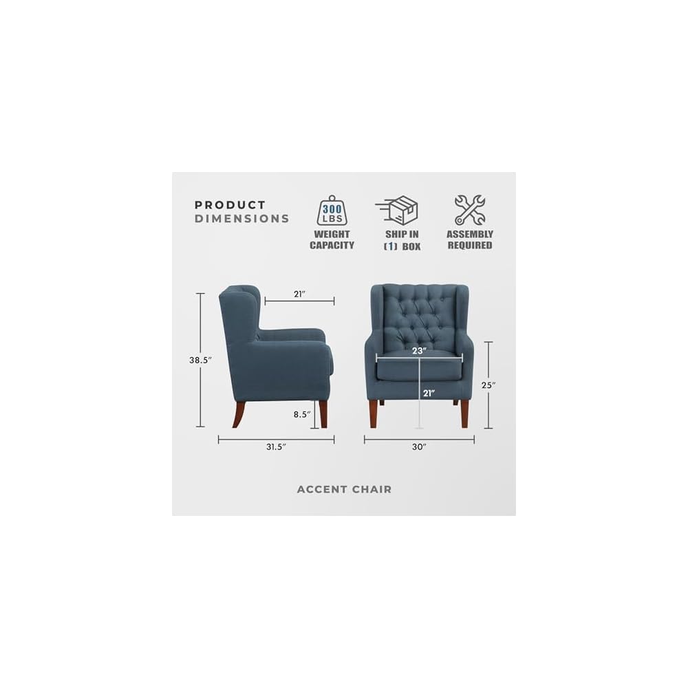 Lexicon Living Room Accent Chair, Button Tufted Wingback, Track Arm, Reversible Seat Cushion, Solid Wood Legs, Textured Fabric Comfy Armchair, for Bedroom/Office, Easy Assembly, Blue