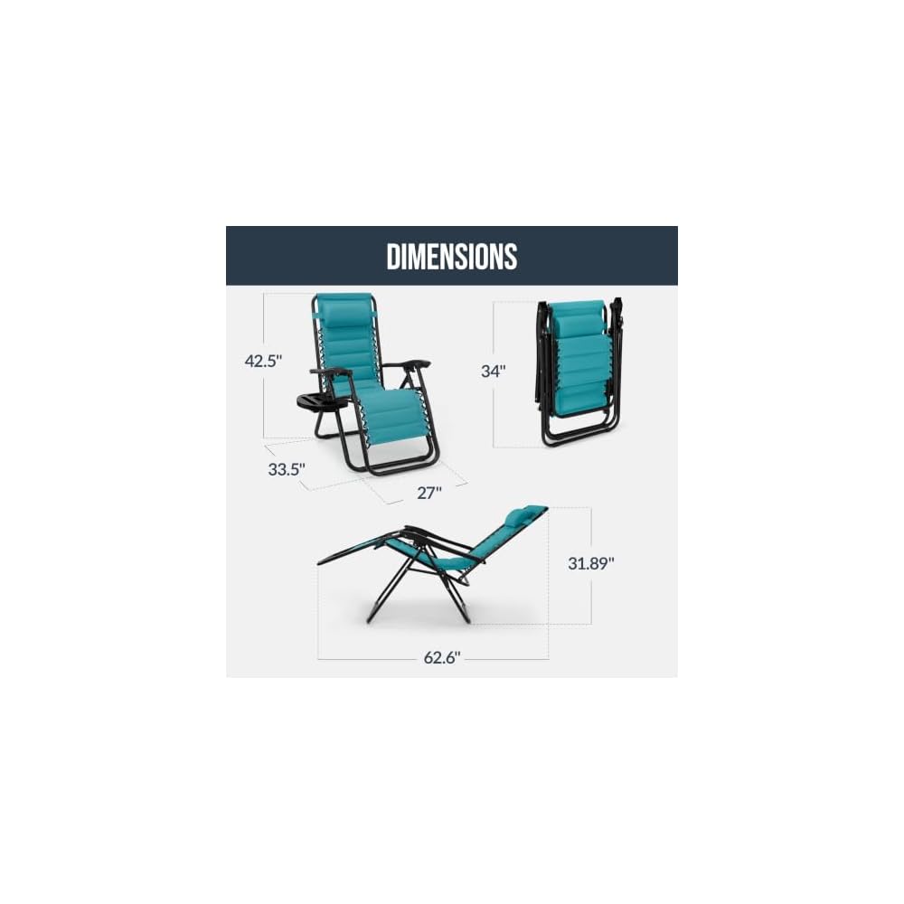 Best Choice Products Padded Zero Gravity Chair with Side Tray, Adjustable Headrest, Folding Outdoor Recliner, Weather-Resistant Oxford Fabric, Supports 350 lbs - Peacock Blue