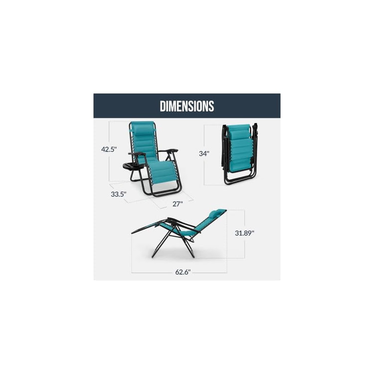 Best Choice Products Padded Zero Gravity Chair with Side Tray, Adjustable Headrest, Folding Outdoor Recliner, Weather-Resistant Oxford Fabric, Supports 350 lbs - Peacock Blue
