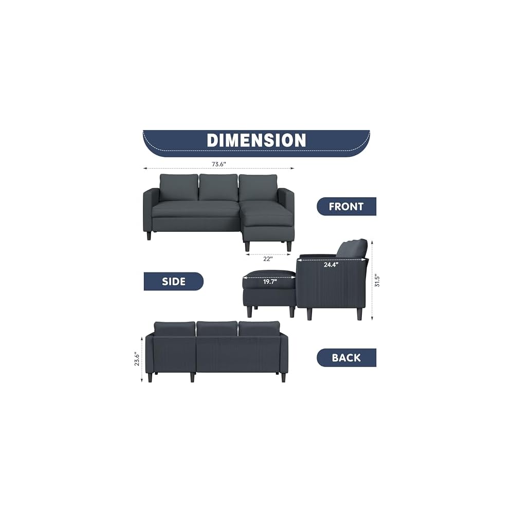 Shintenchi 74" Convertible Sectional Sofa Couch,Dark Gray Corduroy Fabric