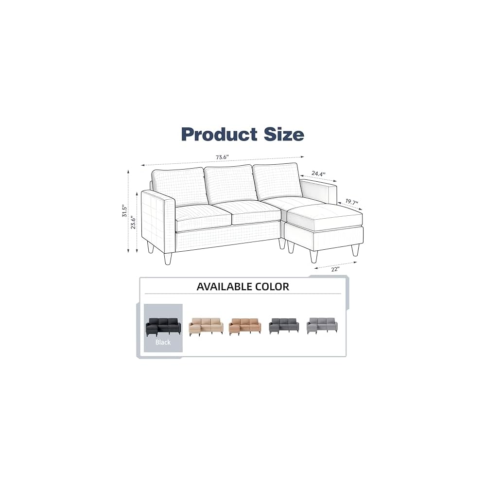SUNLEI 73.6" Modular Sectional Sofa, Comfy Cloud Couch with Movable Ottoman Deep Seat L Shaped Modular Sofa, Sectional Couches for Living Room and Apartment, Black