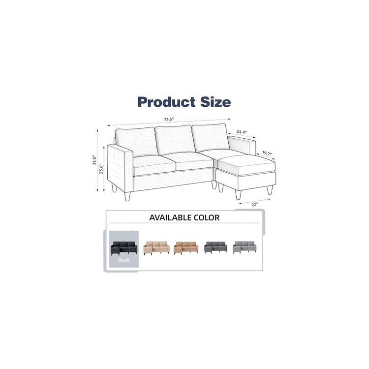 SUNLEI 73.6" Modular Sectional Sofa, Comfy Cloud Couch with Movable Ottoman Deep Seat L Shaped Modular Sofa, Sectional Couches for Living Room and Apartment, Black