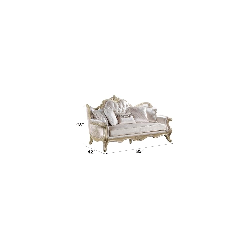 Acme Libertee Upholstered Sofa with 5 Pillows in Beige and Champagne