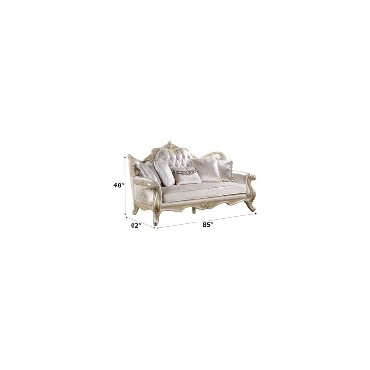 Acme Libertee Upholstered Sofa with 5 Pillows in Beige and Champagne