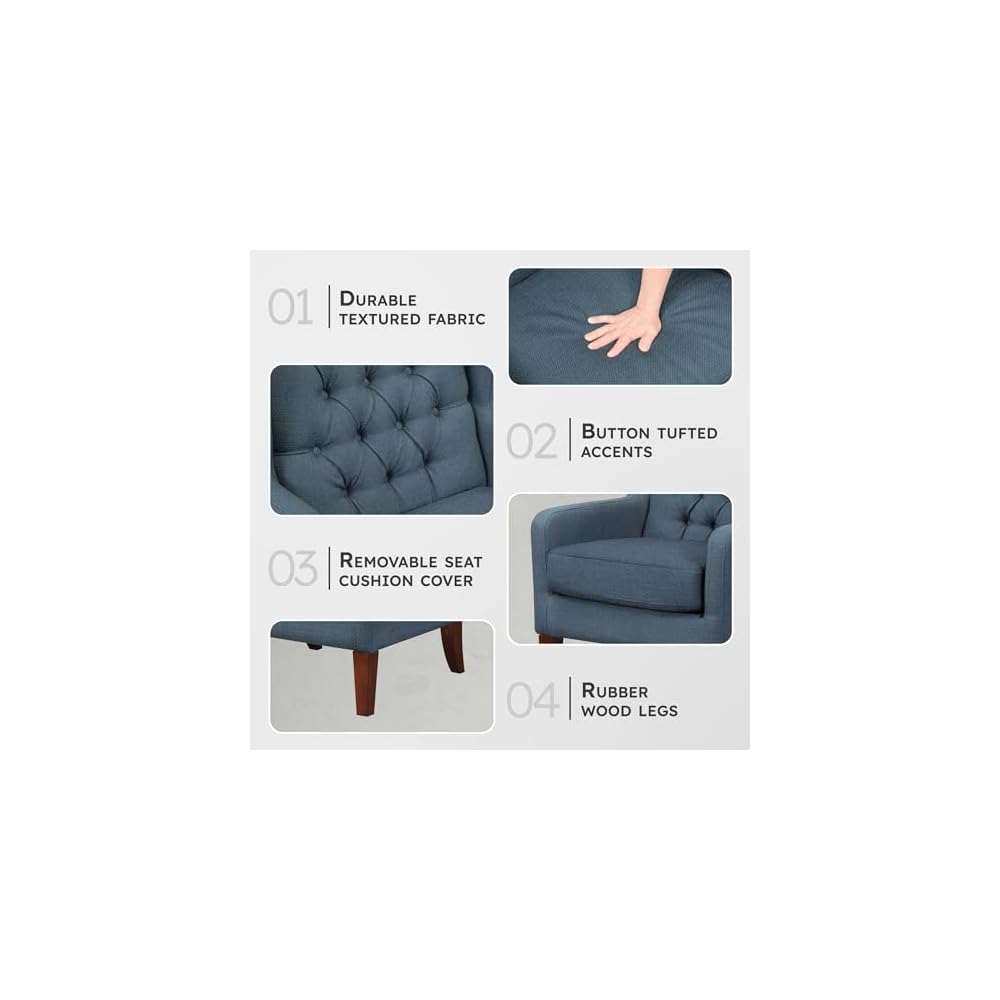 Lexicon Living Room Accent Chair, Button Tufted Wingback, Track Arm, Reversible Seat Cushion, Solid Wood Legs, Textured Fabric Comfy Armchair, for Bedroom/Office, Easy Assembly, Blue