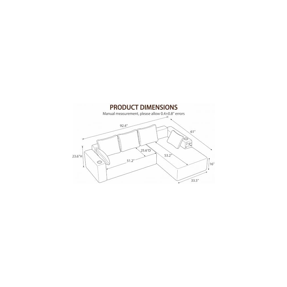 Cloud Sectional Boneless Couches for Living Room with 2 Cup Holders