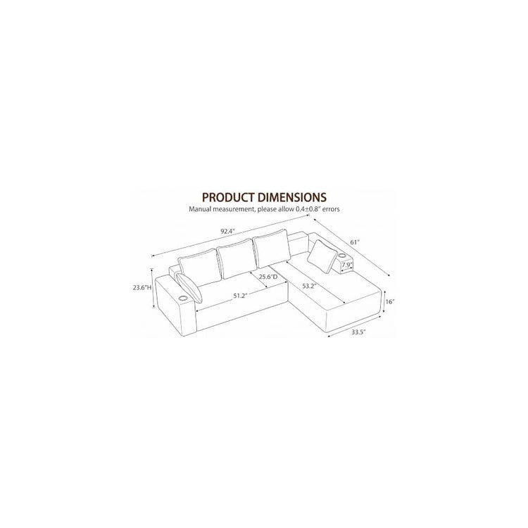 Cloud Sectional Boneless Couches for Living Room with 2 Cup Holders