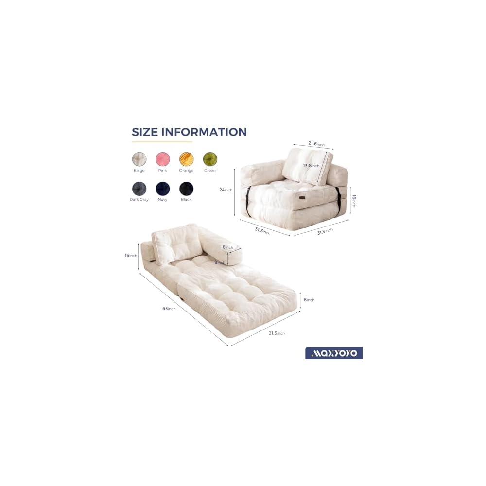 MAXYOYO Folding Sofa Bed, L-Shaped Convertible Sofa Bed with Armrest, Beige