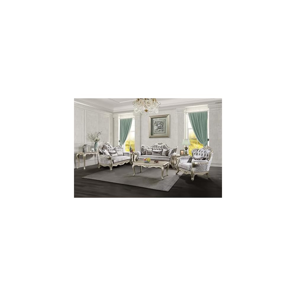 Acme Libertee Upholstered Sofa with 5 Pillows in Beige and Champagne