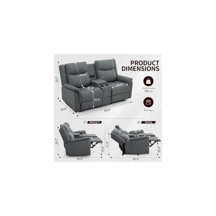 Korser Loveseat Recliner Sofa, Reclining Loveseat Couch, Reclining Couch with Console, USB Port, US Outlets, and Cup Holders, 2-Seater Sofa for Living Room