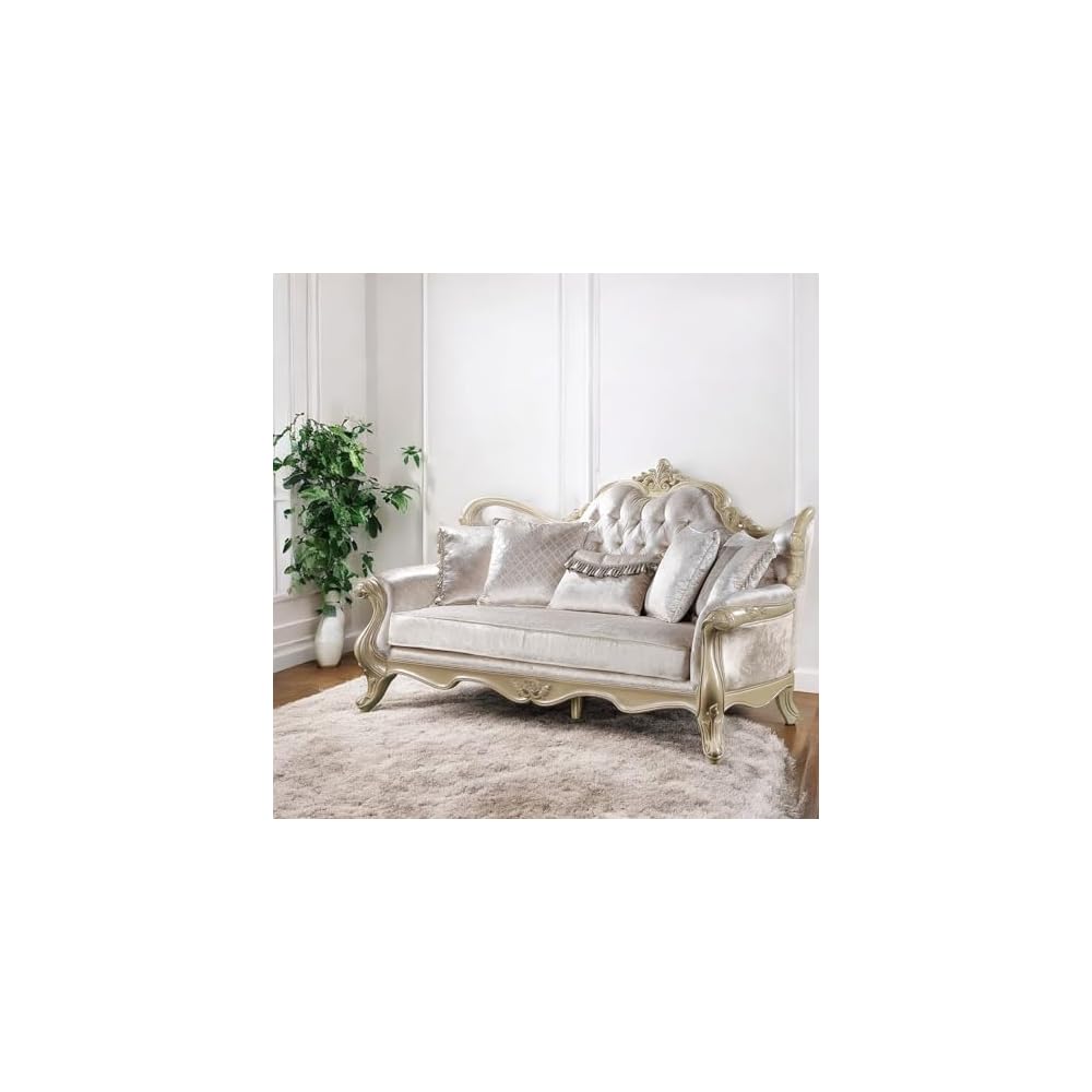 Acme Libertee Upholstered Sofa with 5 Pillows in Beige and Champagne