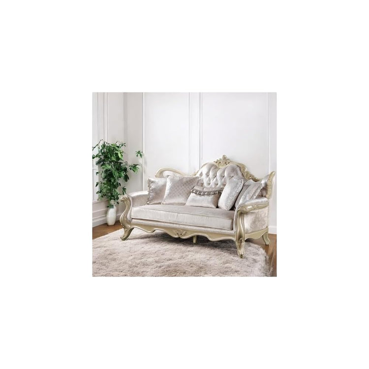 Acme Libertee Upholstered Sofa with 5 Pillows in Beige and Champagne