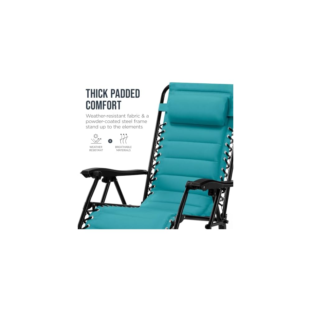 Best Choice Products Padded Zero Gravity Chair with Side Tray, Adjustable Headrest, Folding Outdoor Recliner, Weather-Resistant Oxford Fabric, Supports 350 lbs - Peacock Blue