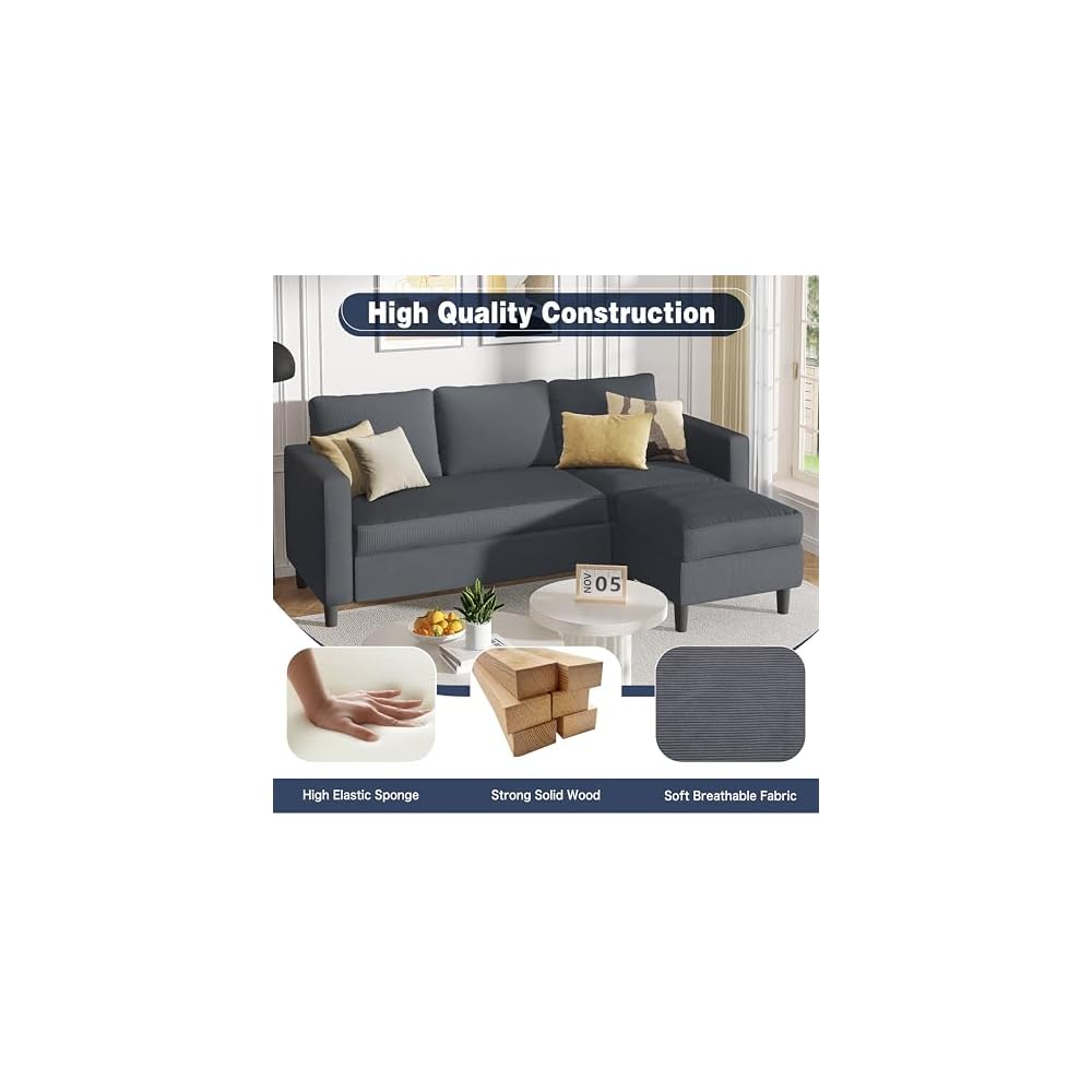 Shintenchi 74" Convertible Sectional Sofa Couch,Dark Gray Corduroy Fabric