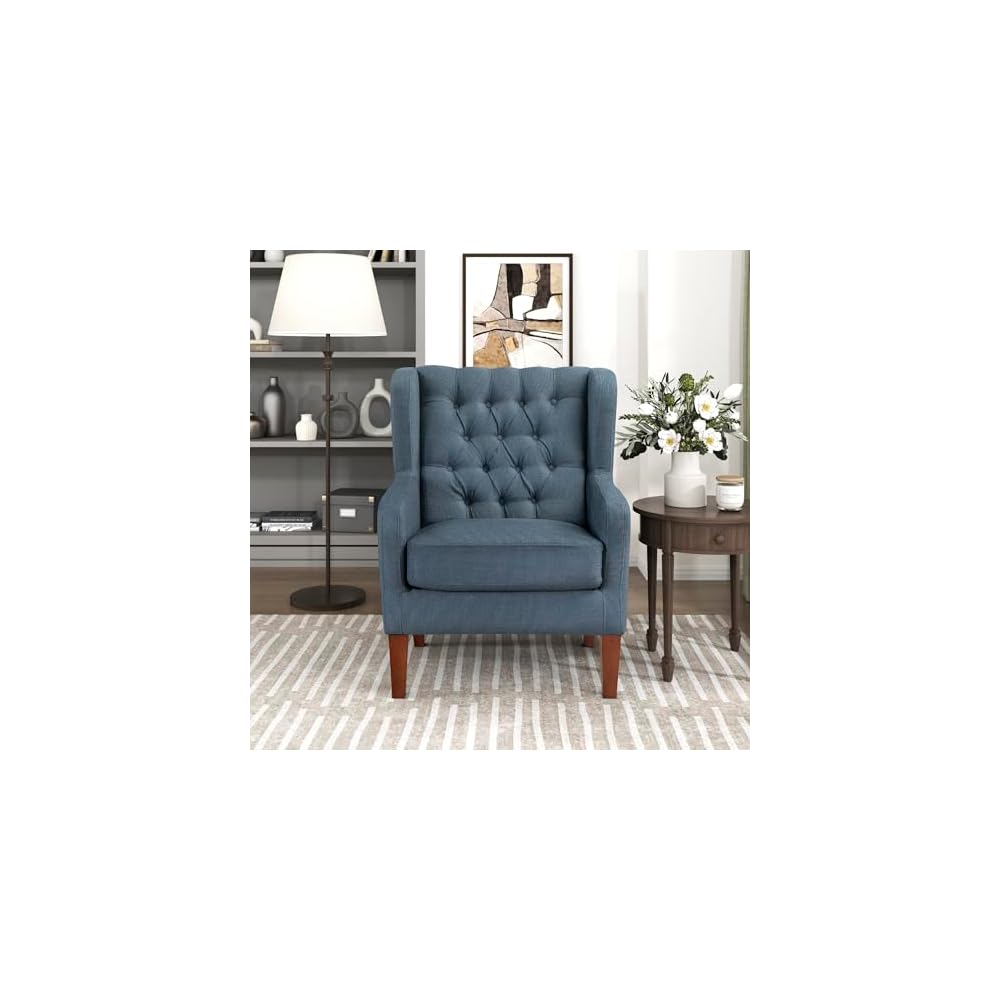 Lexicon Living Room Accent Chair, Button Tufted Wingback, Track Arm, Reversible Seat Cushion, Solid Wood Legs, Textured Fabric Comfy Armchair, for Bedroom/Office, Easy Assembly, Blue