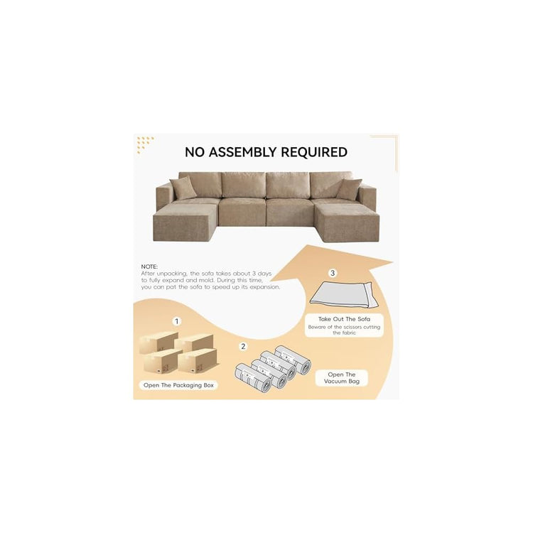 WUTUTUEE 146'' Oversized Boneless Sofa, 4 Seater Modular Sectional Couch with 2 Movealbe Ottoman, U Shaped Chenille Convertible Sleeper Sofa with Chaise for Living Room, Camel