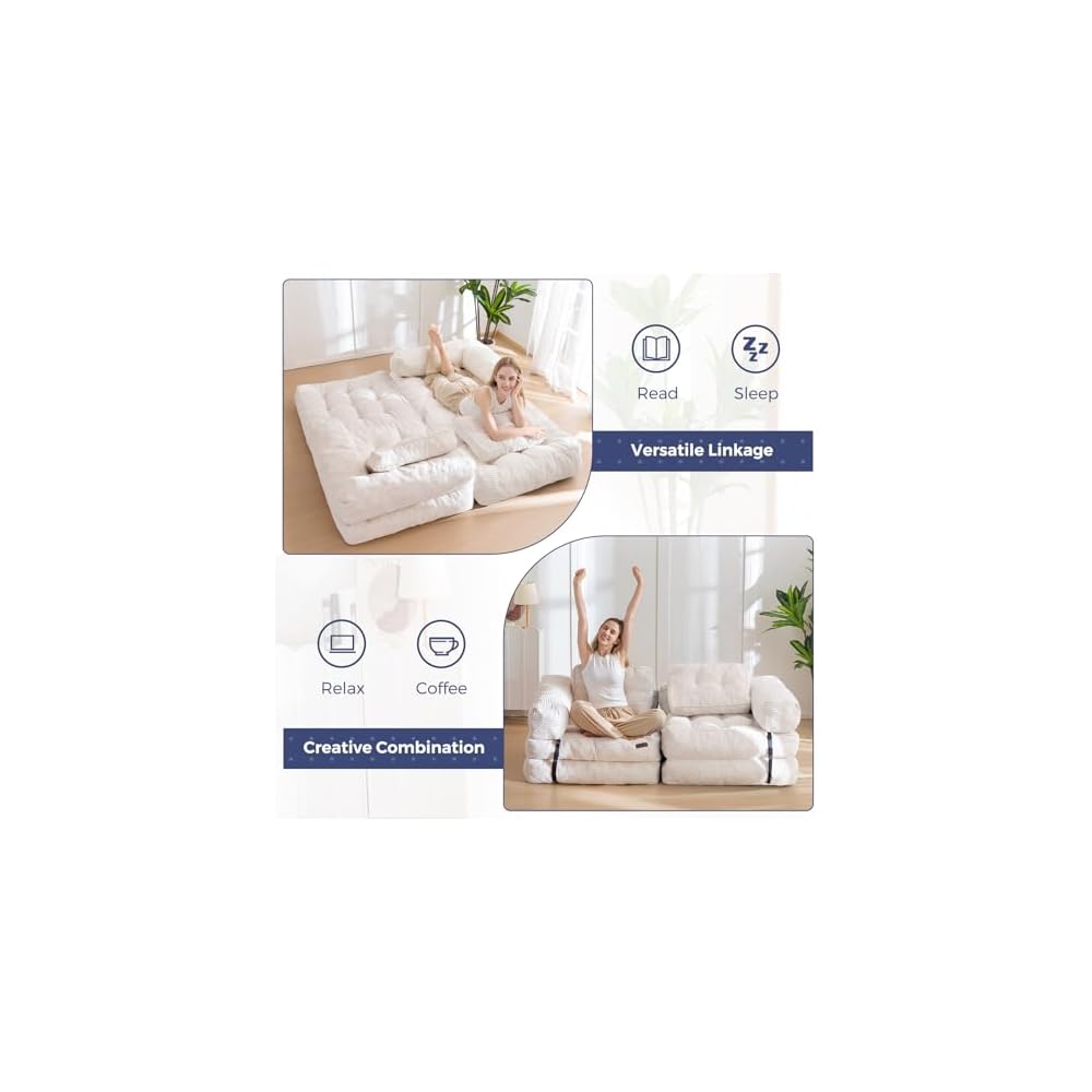 MAXYOYO Folding Sofa Bed, L-Shaped Convertible Sofa Bed with Armrest, Beige
