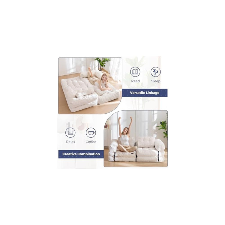 MAXYOYO Folding Sofa Bed, L-Shaped Convertible Sofa Bed with Armrest, Beige