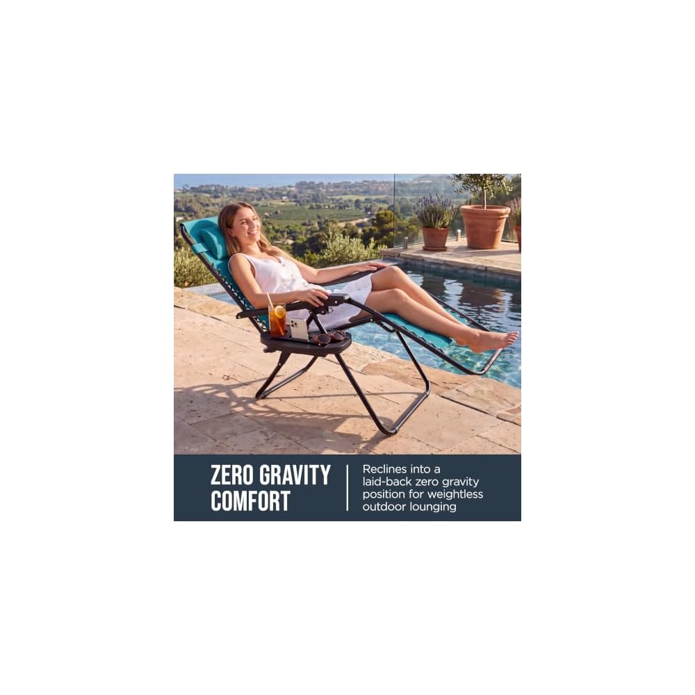 Best Choice Products Padded Zero Gravity Chair with Side Tray, Adjustable Headrest, Folding Outdoor Recliner, Weather-Resistant Oxford Fabric, Supports 350 lbs - Peacock Blue