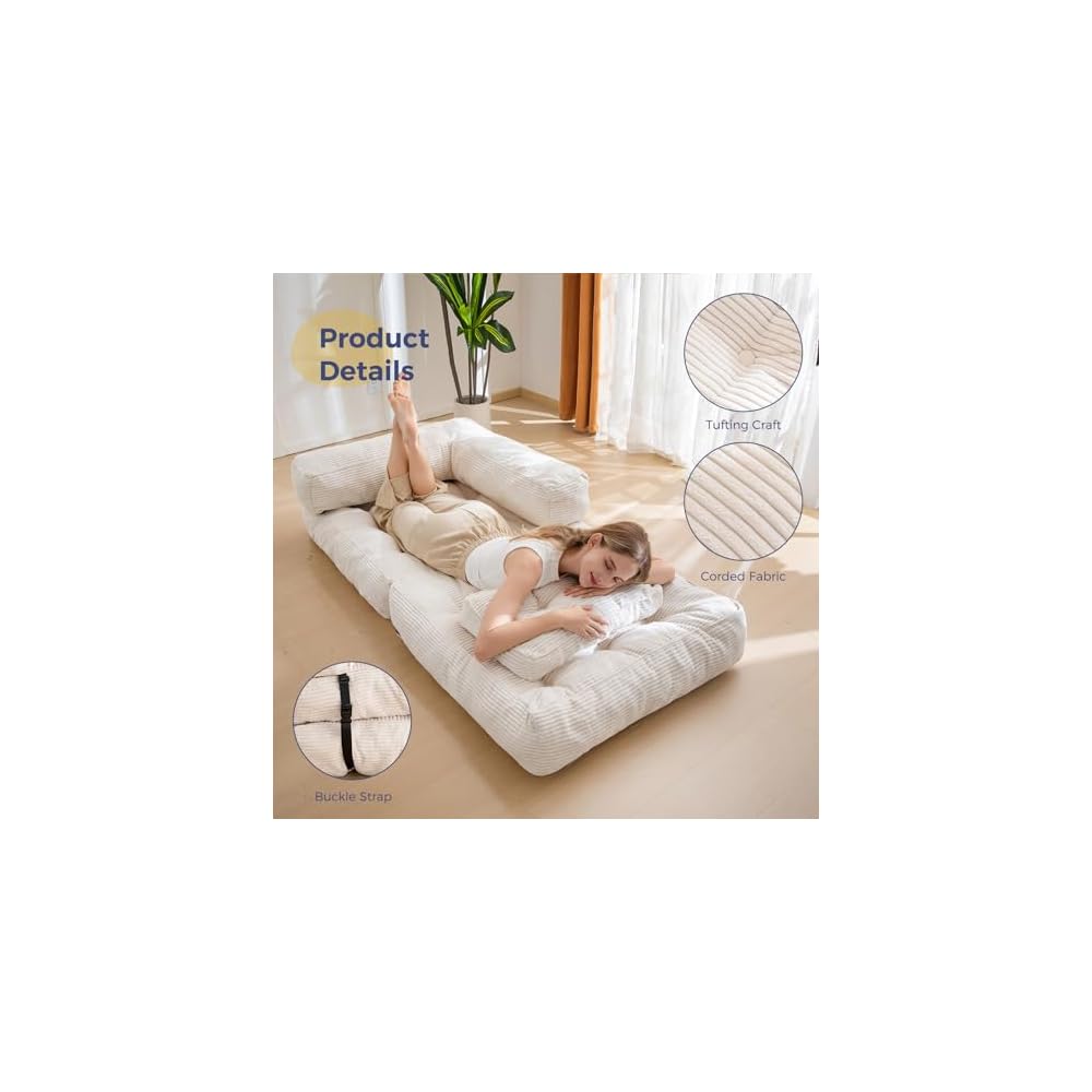 MAXYOYO Folding Sofa Bed, L-Shaped Convertible Sofa Bed with Armrest, Beige