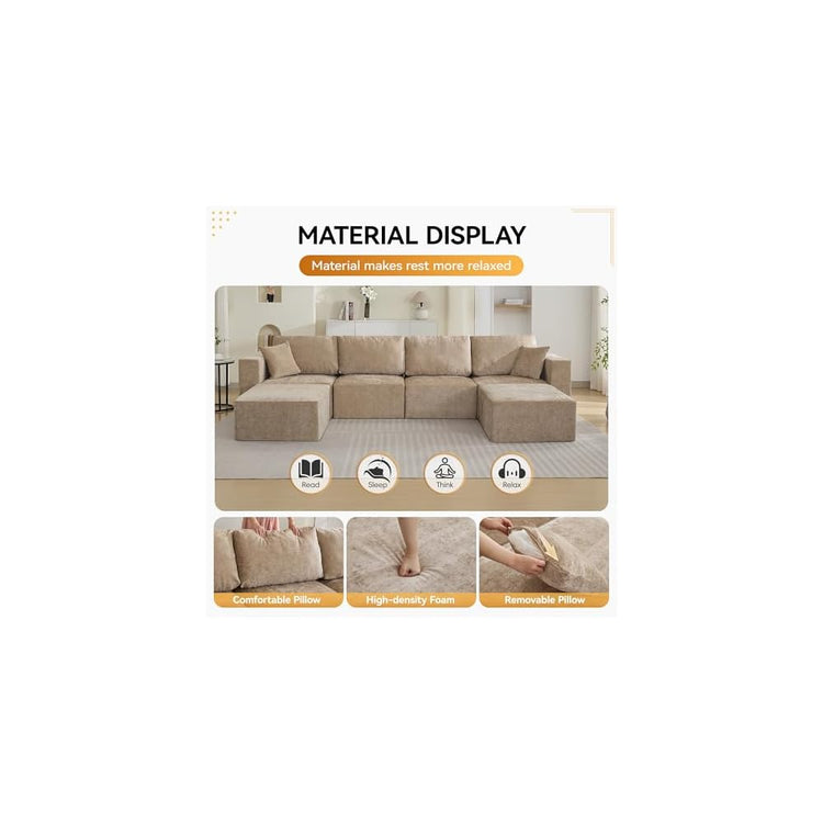 WUTUTUEE 146'' Oversized Boneless Sofa, 4 Seater Modular Sectional Couch with 2 Movealbe Ottoman, U Shaped Chenille Convertible Sleeper Sofa with Chaise for Living Room, Camel