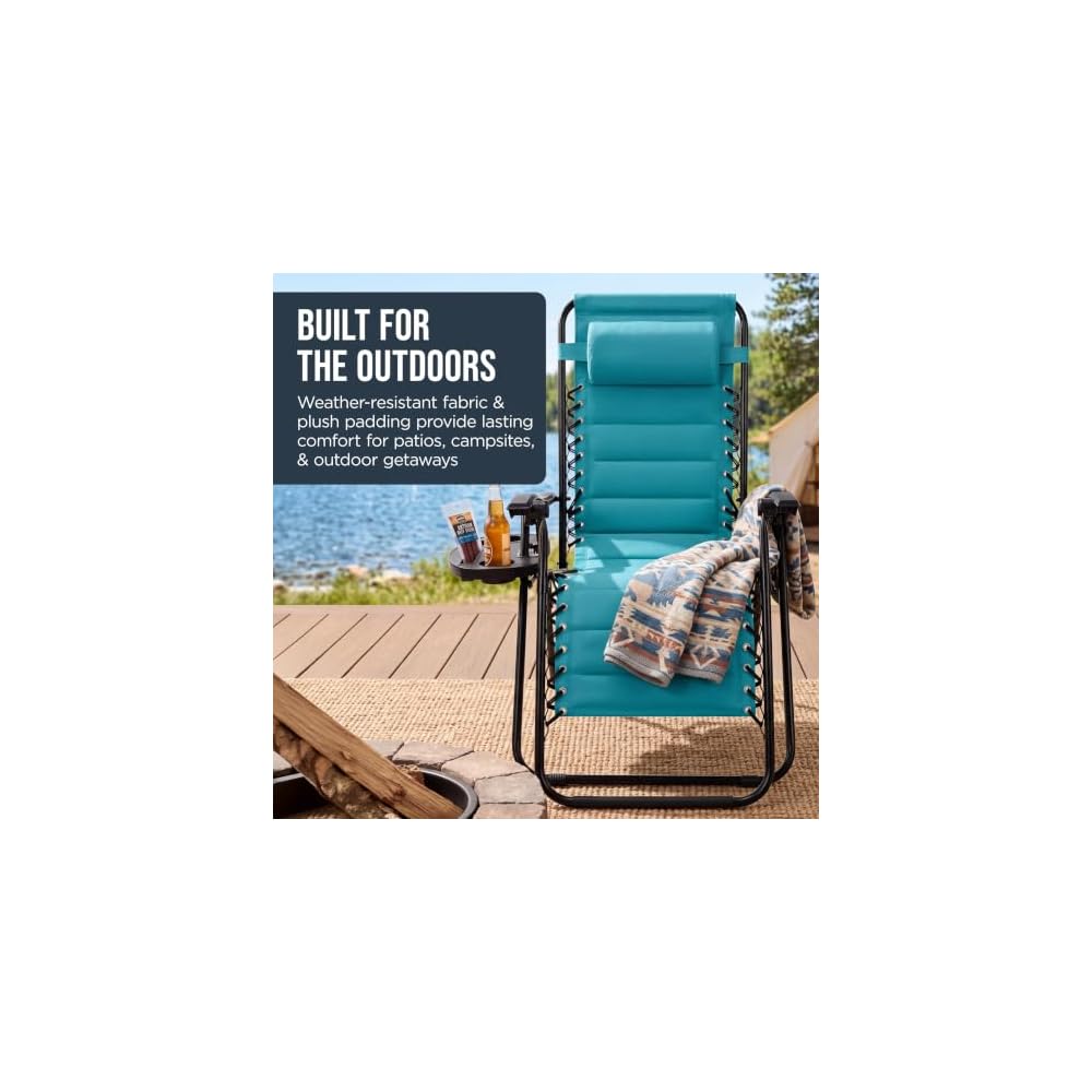 Best Choice Products Padded Zero Gravity Chair with Side Tray, Adjustable Headrest, Folding Outdoor Recliner, Weather-Resistant Oxford Fabric, Supports 350 lbs - Peacock Blue