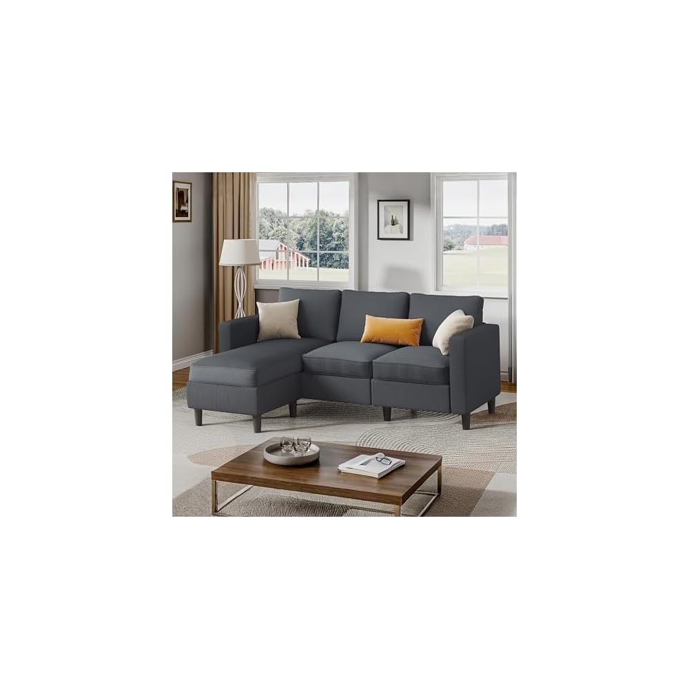 Shintenchi 74" Convertible Sectional Sofa Couch,Dark Gray Corduroy Fabric