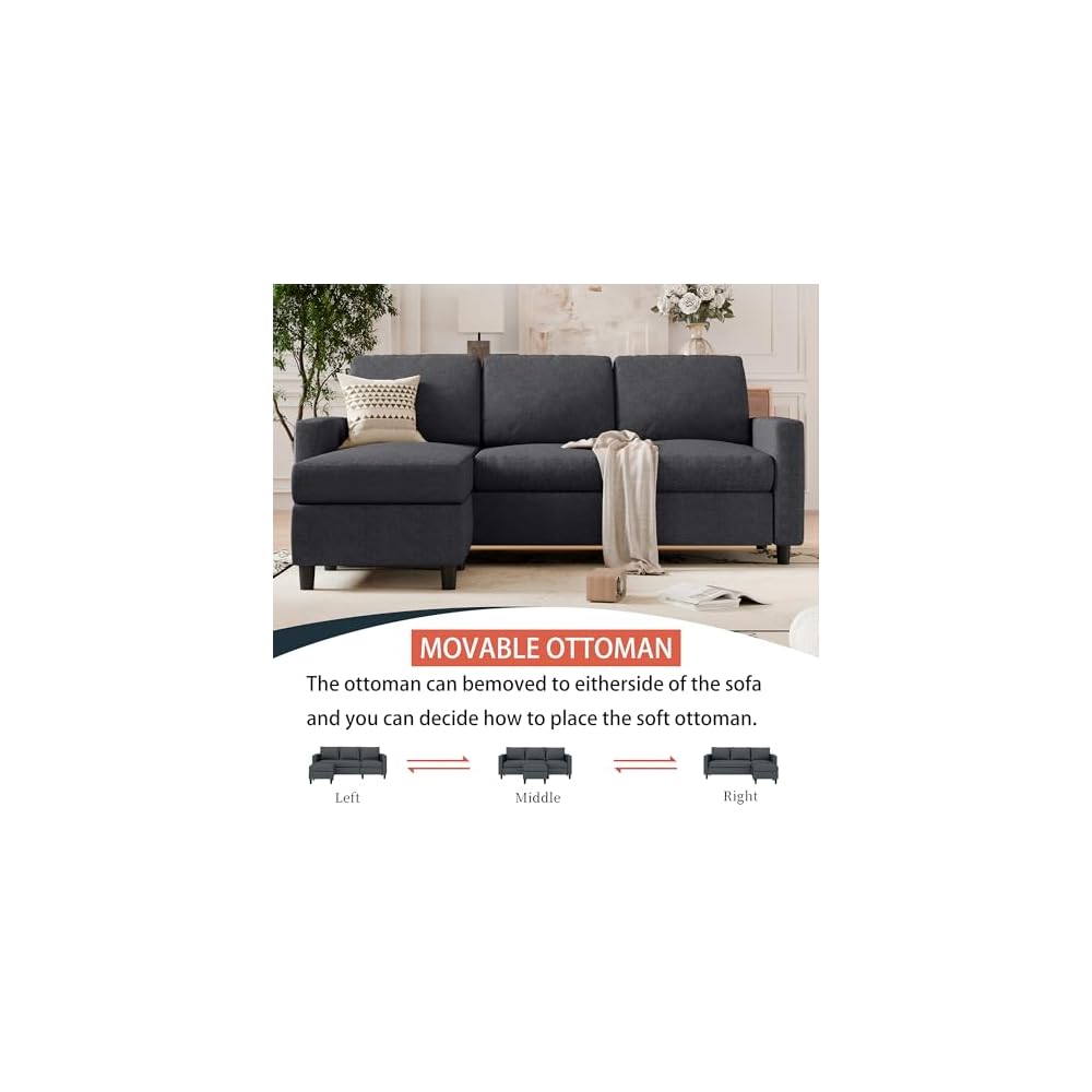 SUNLEI 73.6" Modular Sectional Sofa, Comfy Cloud Couch with Movable Ottoman Deep Seat L Shaped Modular Sofa, Sectional Couches for Living Room and Apartment, Black