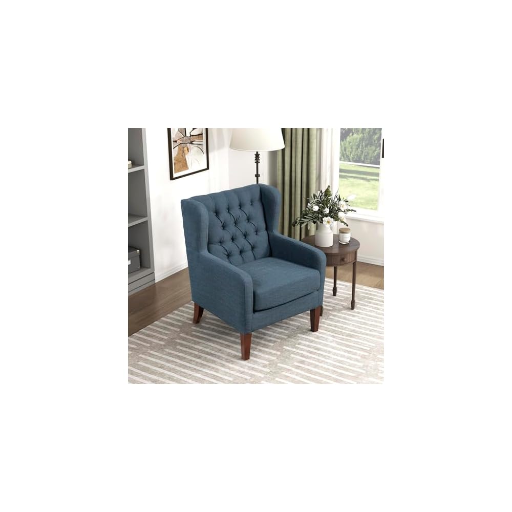 Lexicon Living Room Accent Chair, Button Tufted Wingback, Track Arm, Reversible Seat Cushion, Solid Wood Legs, Textured Fabric Comfy Armchair, for Bedroom/Office, Easy Assembly, Blue
