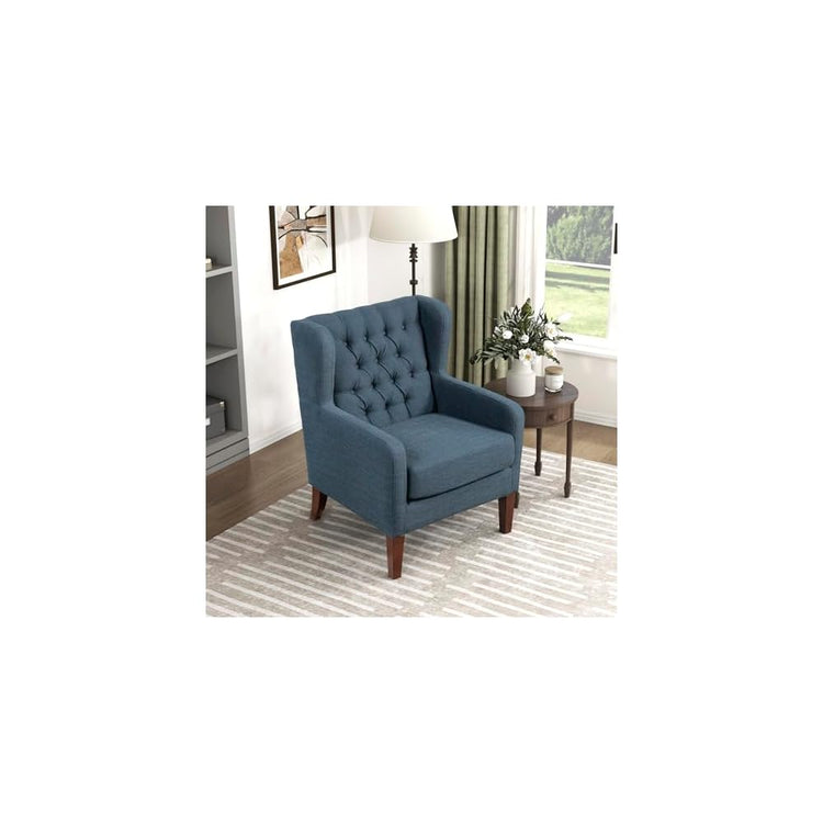 Lexicon Living Room Accent Chair, Button Tufted Wingback, Track Arm, Reversible Seat Cushion, Solid Wood Legs, Textured Fabric Comfy Armchair, for Bedroom/Office, Easy Assembly, Blue