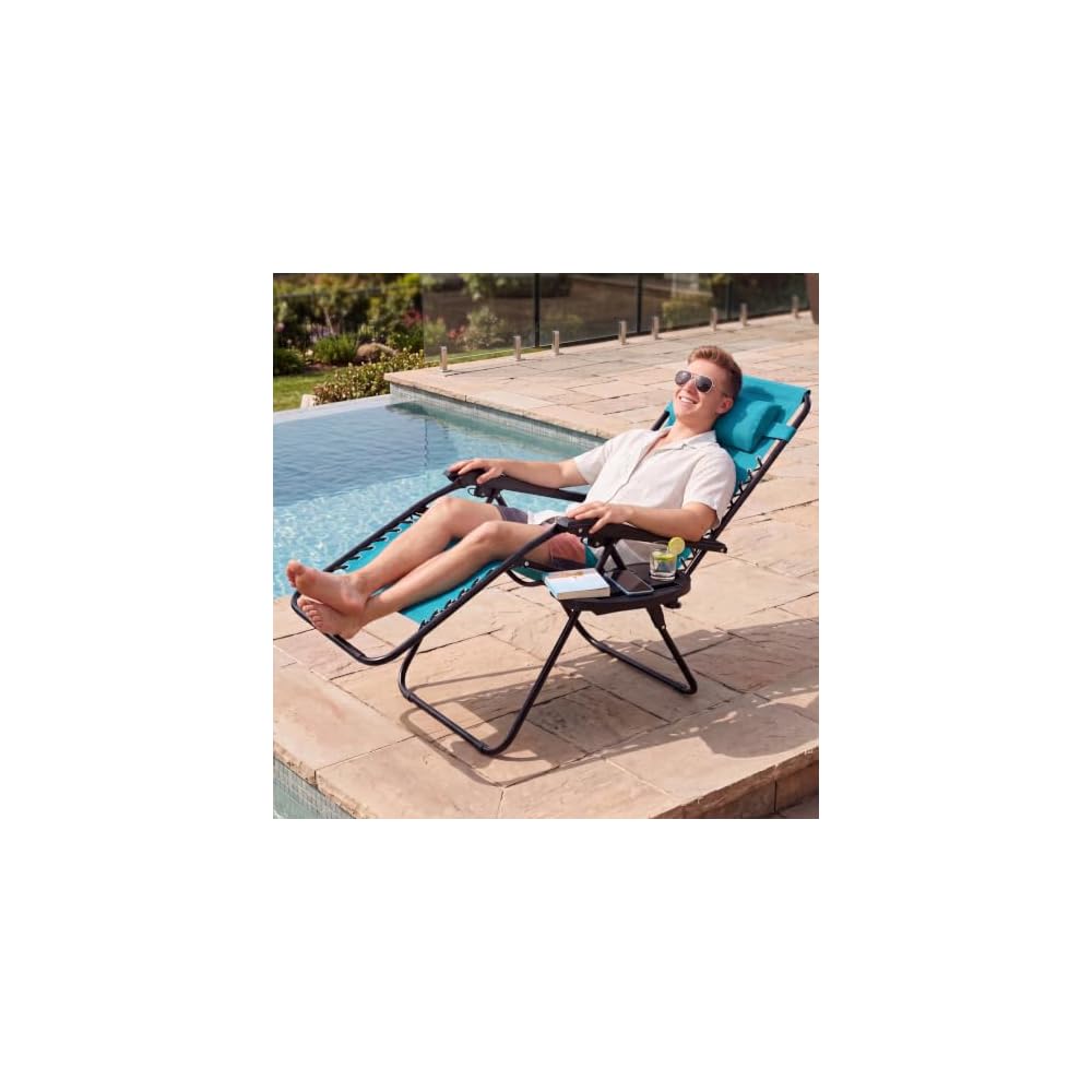 Best Choice Products Padded Zero Gravity Chair with Side Tray, Adjustable Headrest, Folding Outdoor Recliner, Weather-Resistant Oxford Fabric, Supports 350 lbs - Peacock Blue
