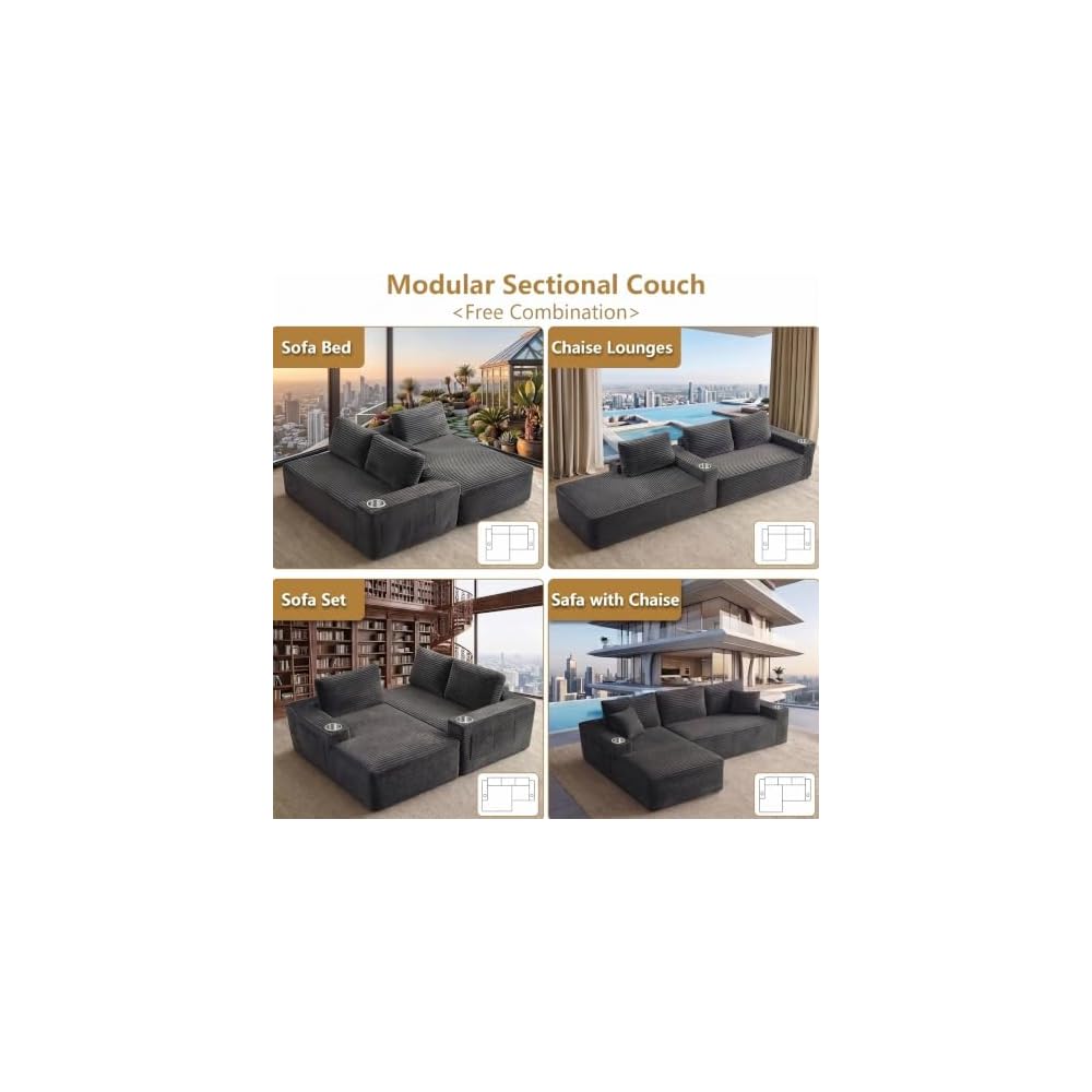 Cloud Sectional Boneless Couches for Living Room with 2 Cup Holders