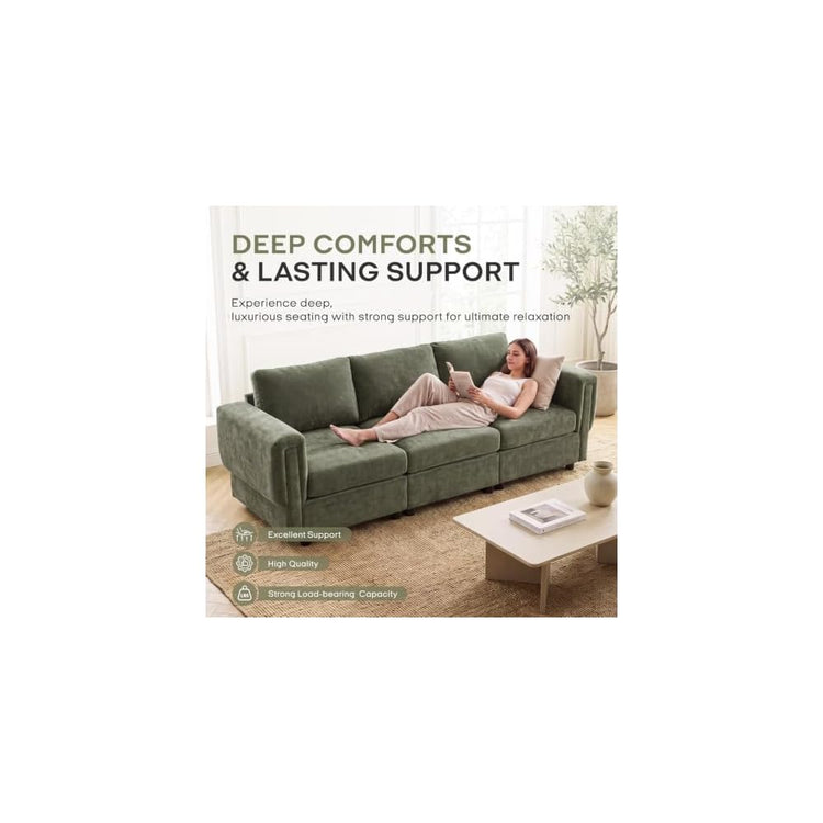 CIMOTA Modern 3 Seater Sofa 87.5" Modular Couch, Upholstered Chenille Fabric Couch Sofa with Armrest for Living Room Apartment, Green