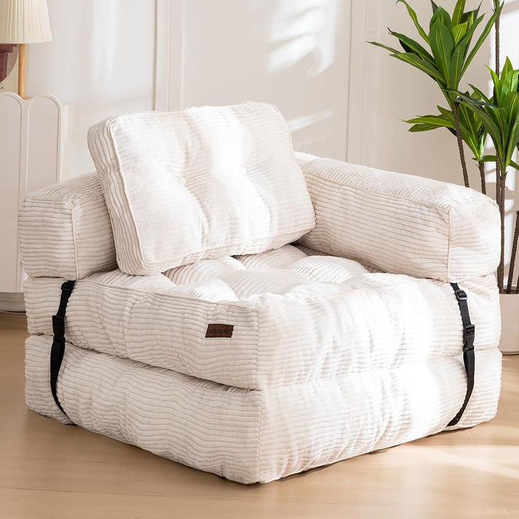 MAXYOYO Folding Sofa Bed, L-Shaped Convertible Sofa Bed with Armrest, Beige