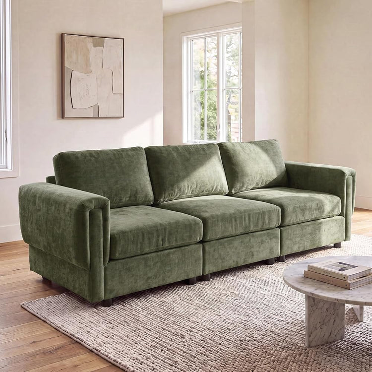 CIMOTA Modern 3 Seater Sofa 87.5" Modular Couch, Upholstered Chenille Fabric Couch Sofa with Armrest for Living Room Apartment, Green