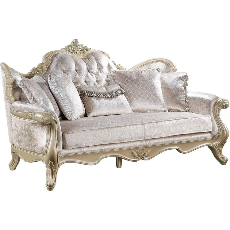 Acme Libertee Upholstered Sofa with 5 Pillows in Beige and Champagne