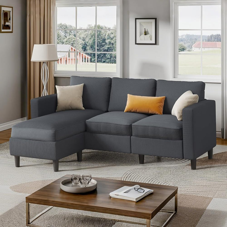 Shintenchi 74" Convertible Sectional Sofa Couch,Dark Gray Corduroy Fabric