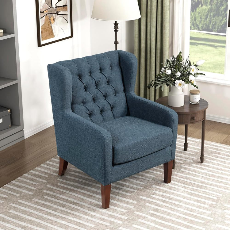 Lexicon Living Room Accent Chair, Button Tufted Wingback, Track Arm, Reversible Seat Cushion, Solid Wood Legs, Textured Fabric Comfy Armchair, for Bedroom/Office, Easy Assembly, Blue